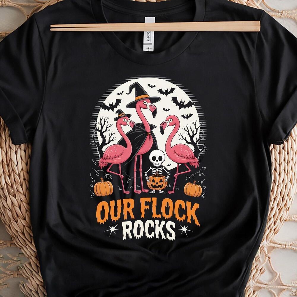 Funny Flamingo Halloween T-Shirt Our Flock Rocks Spooky Cotton Family
